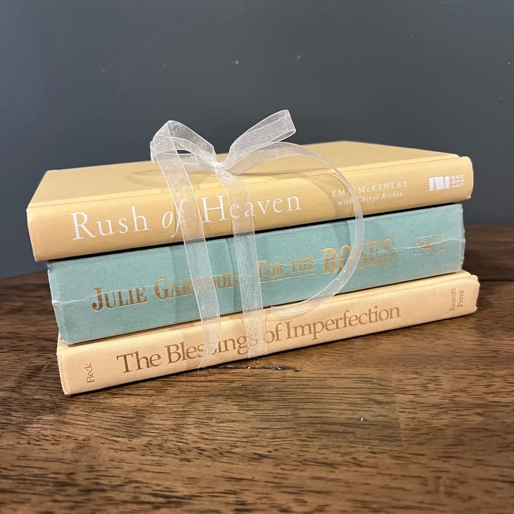 Book‎ Stack pretty shelf styling vignette Cream Aqua shabby chic decor